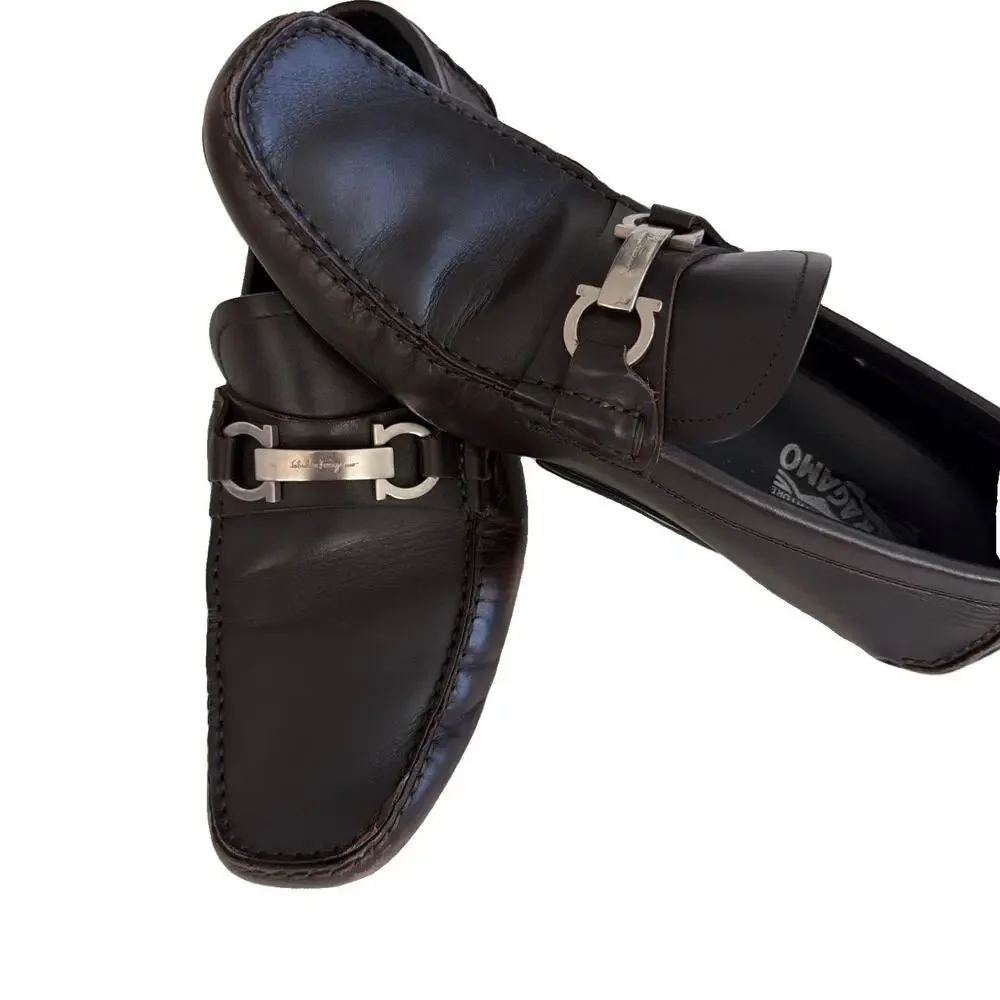 SALVATORE FERRAGAMO Driver Gancini Ornament Brown Loafers Shoes US 9.5 EU $750
